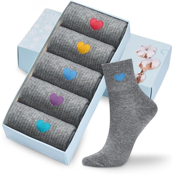 Corlap Women's Cotton Ankle Socks – 5 Pairs Fun Heart Crew Athletic Gift Set - Picture 1 of 7